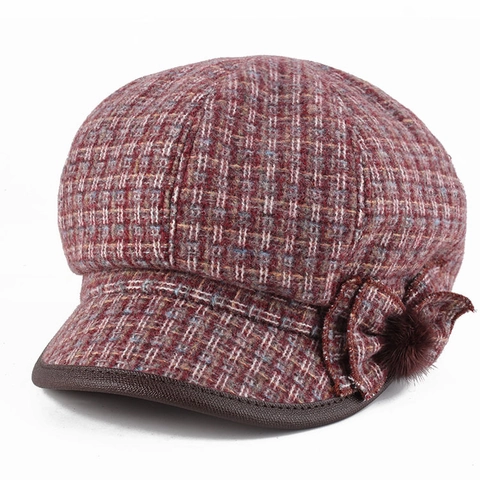 Women's Vintage Plaid Newsboy Cap Cotton Polyester Blend Warm Winter Octagonal Hat With Flower Pom Pom Decoration
