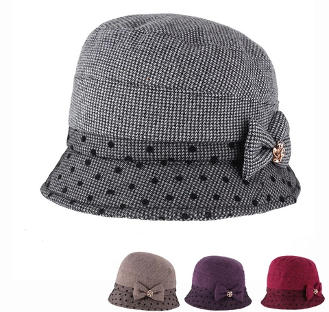 Sombrero Cloche Elegante para Mujer Invierno Cálido Algodón Poliéster Pata de Gallo con Decoración de Lazo Flor de Strass