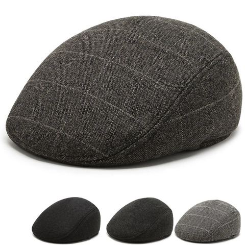 Béret Plat Vintage pour Hommes Automne Hiver Chaud Ivy Cap Motif à Chevrons Carreaux Newsboy Hat Avec Protection des Oreilles