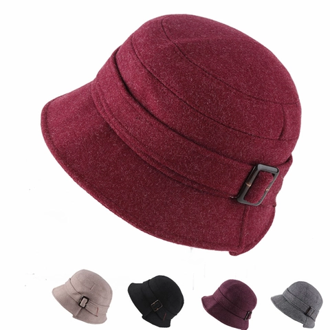 Femmes Vintage Couleur Unie Mélange de Coton Chapeau Cloche Avec Boucle Hiver Chaud Pliable Mode Chapeau de Bassin