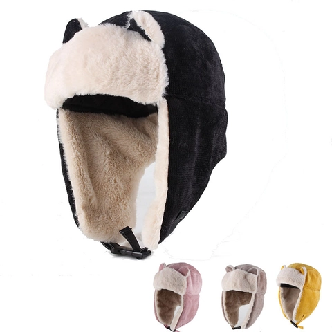 Chapeau Lei Feng d'hiver Chaud en Velours Côtelé Pour Femmes Hommes Aviateur Avec Cache-oreilles Oreilles d'animaux Peluche