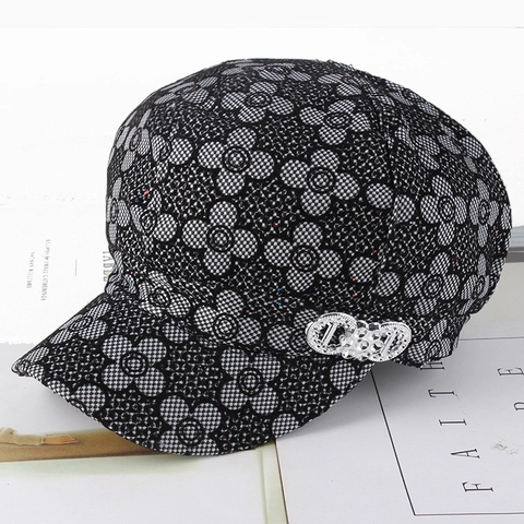 Damen Vintage Schirmmütze Mode Polyester Hut Mit Strass Metallschnalle Bedruckt Winddicht Achteckiger Hut Für Frauen