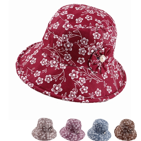 Women Floral Print Bucket Hat With Artificial Pearl Flower Decoration Adjustable Wide Brim Sun Hat For Spring Autumn Travel
