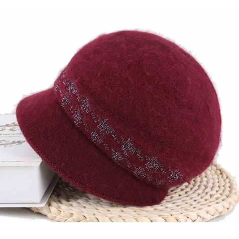 Bonnet en Maille Chaude d'Hiver pour Femmes Chapeau Bob en Peluche Épaissi Avec Bande Décorative Imprimée Élégant