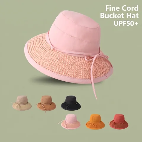 Women Sun Protection Bucket Hat UPF50+ Cotton Polyester Breathable Patchwork Weave Wide Brim Fisherman Hat With Bow Decoration