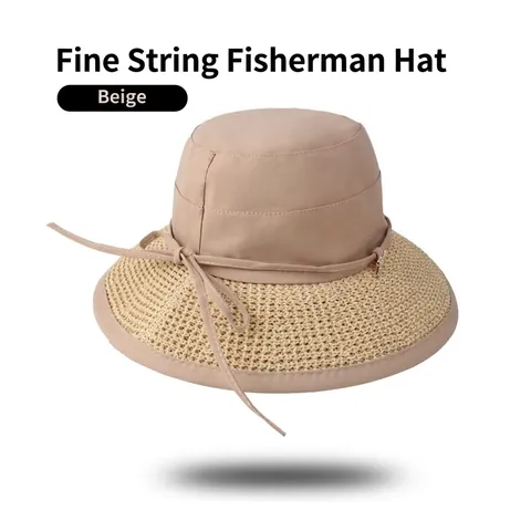 Women Sun Protection Bucket Hat UPF50+ Cotton Polyester Breathable Patchwork Weave Wide Brim Fisherman Hat With Bow Decoration