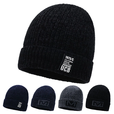 Men's Winter Polyester Knitted Beanie Hat Fleece Lined Thick Warm Skull Cap Ribbed Slouchy Hat Outdoor Skiing Headwear