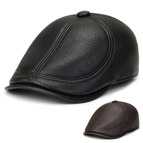 Men's Winter Flat Cap Faux Leather Woolen Newsboy Hat With Ear Protection Warm Windproof Cabbie Ivy Cap For Elderly Men