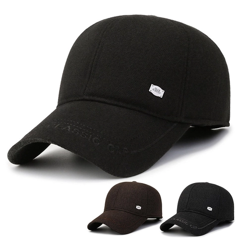 Winter Men Cotton Polyester Jacquard Baseball Cap With Ear Flaps Fleece Lined Warm Duckbill Hat For Elderly Windproof
