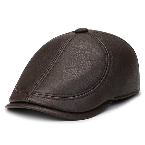 Men's Winter Flat Cap Faux Leather Woolen Newsboy Hat With Ear Protection Warm Windproof Cabbie Ivy Cap For Elderly Men