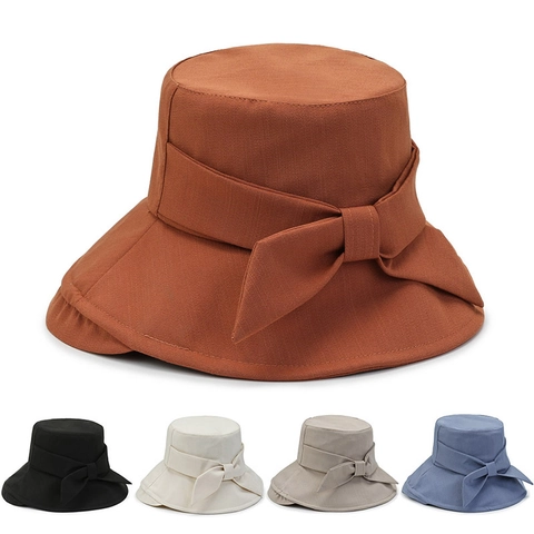 Women's Summer Sun Protection Bucket Hat Cotton Polyester Large Bowknot Wide Brim Foldable Solid Color Casual Beach Sun Hat