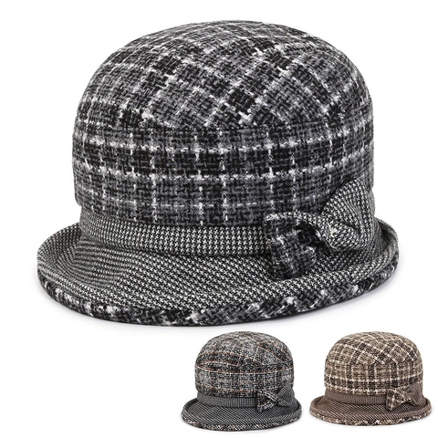 Cappello a Campana a Quadri Vintage in Lana per Donna Invernale Caldo Fiocco Cappello Pescatore Elegante Bordo Arrotolato