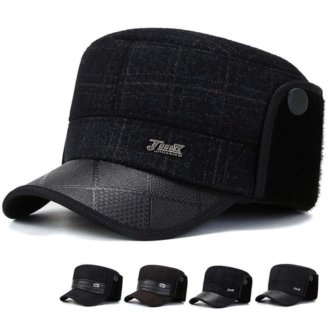 Casquette de Baseball d'Hiver à Toit Plat pour Hommes Avec Cache-oreilles Chaud Coupe-vent Casquette Cadet à Carreaux Bord en Similicuir Chapeau d'Extérieur pour Personnes Âgées