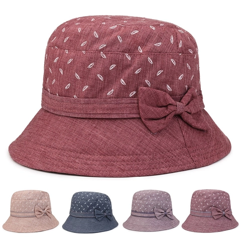 Women Sun Hat Polyester Floral Print Bucket Hat With Bow Breathable Outdoor UV Protection For Elderly Ladies Daily Wear