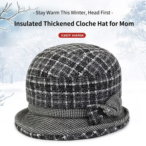 Cappello a Campana a Quadri Vintage in Lana per Donna Invernale Caldo Fiocco Cappello Pescatore Elegante Bordo Arrotolato