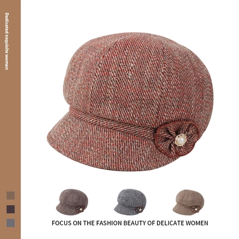 Vintage Dames Polyester Tweed Newsboy Pet Met Stoffen Bloem Kunstparel Herfst Winter Achthoekige Hoed Mode Baret