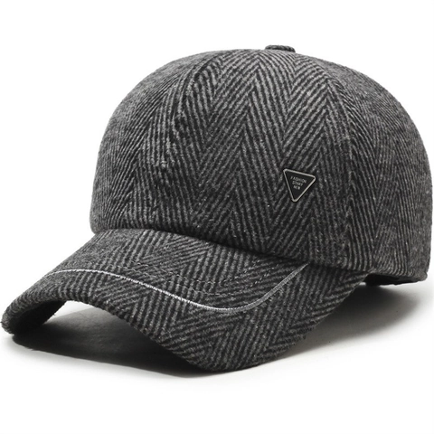 Men's Winter Warm Polyester Baseball Cap Herringbone Pattern Fleece Thickened Ear Protection Hat With Metal Triangle Logo