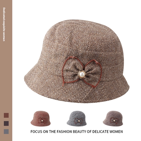 Damen Elegant Polyester Glockenhut Mit Schleife Künstliche Perle Dekoration Retro Herbst Winter Warm Mode Bucket Hat