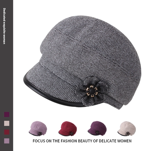 Women Vintage Checkered Newsboy Cap With Flower Decor Polyester Warm Winter Hat Fashion Adjustable Octagonal Cap