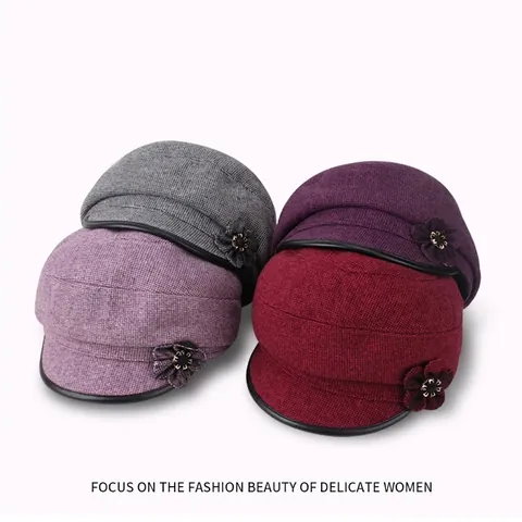 Women Vintage Checkered Newsboy Cap With Flower Decor Polyester Warm Winter Hat Fashion Adjustable Octagonal Cap