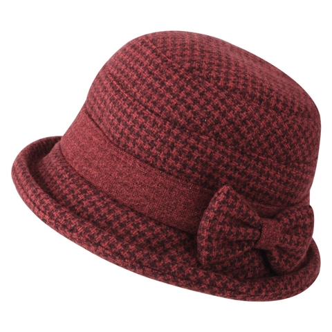 Chapeau Cloche Vintage Pied-de-poule Pour Femmes Chapeau Seau Chaud D'hiver Élégant Avec Nœud Décoratif Cadeau Pour Mère Âgée