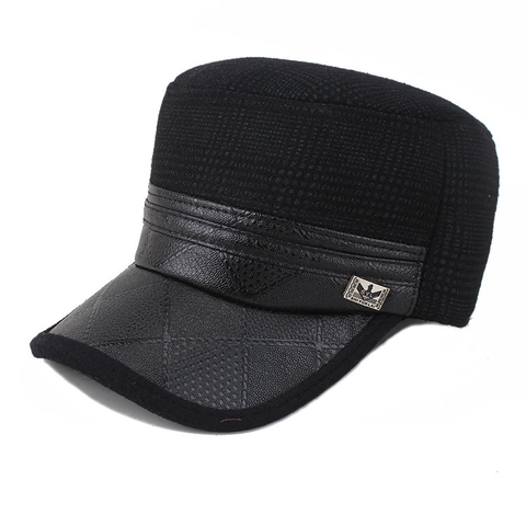 Casquette de Baseball d'Hiver à Toit Plat pour Hommes Avec Cache-oreilles Chaud Coupe-vent Casquette Cadet à Carreaux Bord en Similicuir Chapeau d'Extérieur pour Personnes Âgées