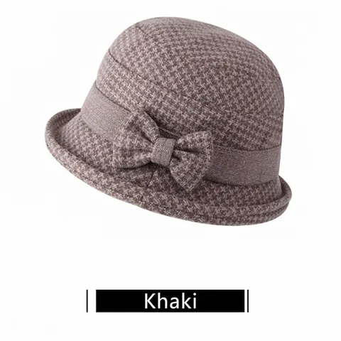 Chapeau Cloche Vintage Pied-de-poule Pour Femmes Chapeau Seau Chaud D'hiver Élégant Avec Nœud Décoratif Cadeau Pour Mère Âgée