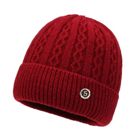 Bonnet Vintage à Torsades pour Femme Doublé Polaire Hiver Chaud Chapeau Avec Badge Métallique Numéro 5 Style Chinois Jacquard