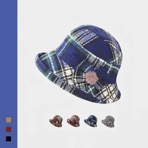 Chapeau Cloche Plaid d'Hiver pour Femmes Motif Pied-de-poule Chapeau Bob Chaud Avec Nœud et Pompon Accessoire de Style Ethnique Vintage pour Dame
