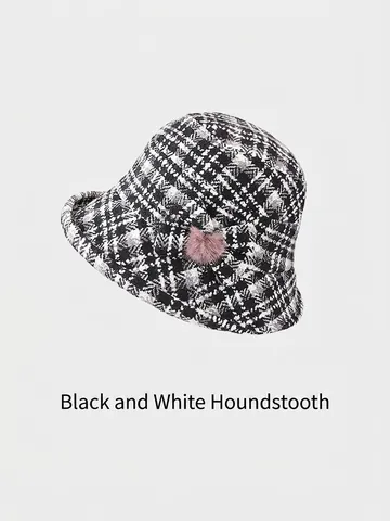 Chapeau Cloche Plaid d'Hiver pour Femmes Motif Pied-de-poule Chapeau Bob Chaud Avec Nœud et Pompon Accessoire de Style Ethnique Vintage pour Dame