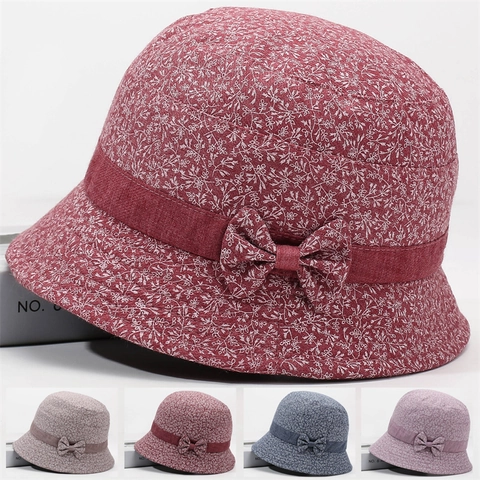 Women's Elegant Floral Bucket Hat Cotton Polyester Blend Sun Protection Fisherman Hat With Bowknot For Daily Outdoor