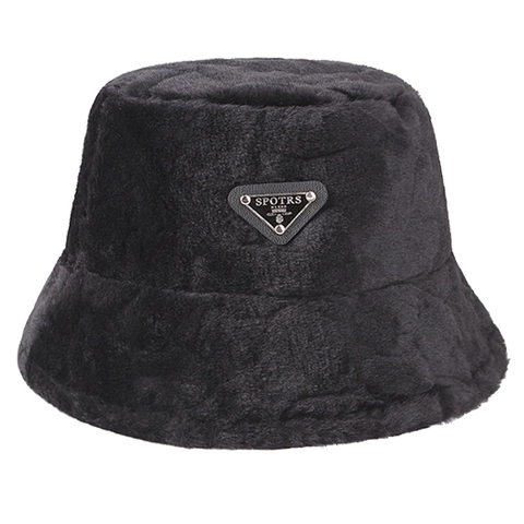 Chapeau Bob en Peluche pour Femmes Fausse Fourrure Chaude Hiver Avec Logo Triangulaire Couleur Unie Chapeau de Pêcheur en Poliester