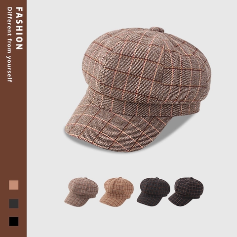 Vintage Plaid Schirmmütze Für Damen Britischer Stil Achteckige Baskenmütze Herbst Winter Warme Polyester Karo Malermütze