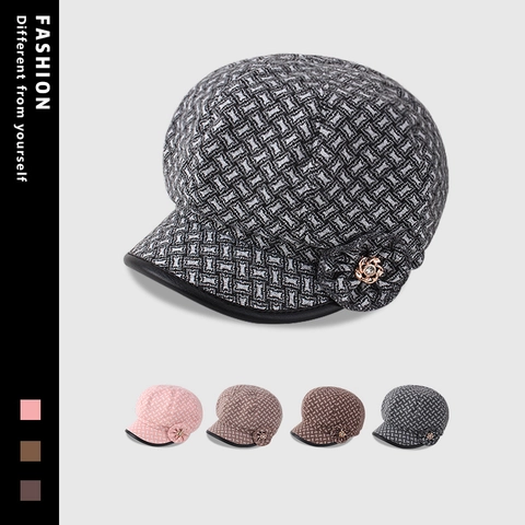 Damen Vintage Kariert Schirmmütze Achteckige Mütze Für Ältere Mütter Winter Warm Polyester Blumen Strass Dekor Mode Hut