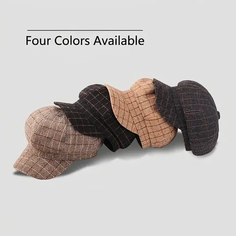 Vintage Plaid Schirmmütze Für Damen Britischer Stil Achteckige Baskenmütze Herbst Winter Warme Polyester Karo Malermütze