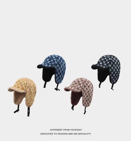 Hiver Imprimé Damier Chapka Doublé Polaire Chaud Bonnet Bomber Coupe-vent Oreillette Casquette Pour Sports De Neige Hommes Femmes