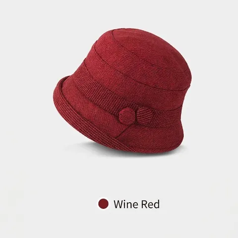 Women's Retro Warm Polyester Bucket Hat Autumn Winter Elegant Cloche Hat With Decorative Buttons Fisherman Cap Gift