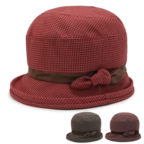 Chapeau Cloche Femme Vintage à Carreaux Élégant Haut Rond Nœud Décor Mode Impression Numérique Bord Court Pour Voyage Quotidien