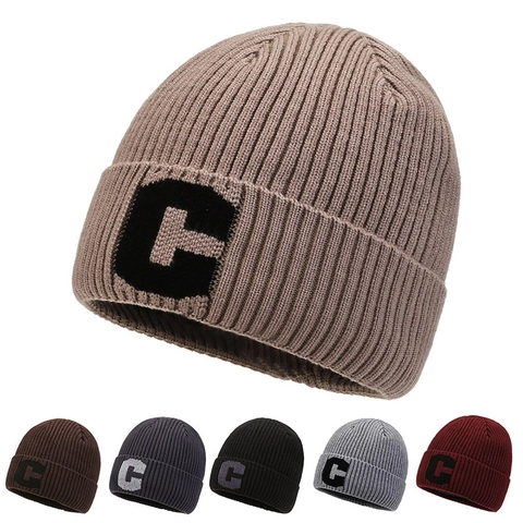 Women Winter Warm Chunky Ribbed Knit Beanie Hat C Letter Patch Soft Polyester Beanie For Cold Weather Outdoor Casual Headwear