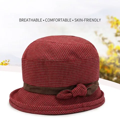Chapeau Cloche Femme Vintage à Carreaux Élégant Haut Rond Nœud Décor Mode Impression Numérique Bord Court Pour Voyage Quotidien