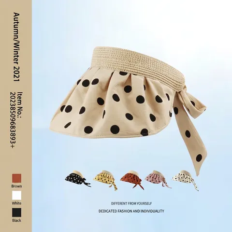 Chapeau Visière Solaire à Pois pour Femmes Été Patchwork en Paille Pliable Large Bord Casquette de Plage Avec Nœud Papillon Réglable