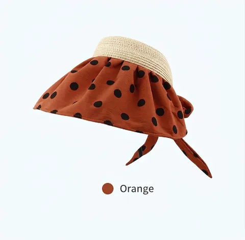 Chapeau Visière Solaire à Pois pour Femmes Été Patchwork en Paille Pliable Large Bord Casquette de Plage Avec Nœud Papillon Réglable