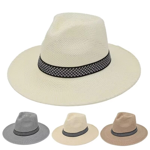Summer Wide Brim Fedora Sun Hat For Men Women Polyester Breathable Straw Style Panama Hat Outdoor Beach Protection Hat