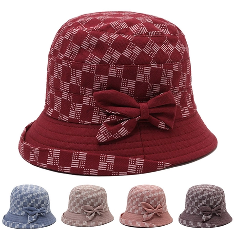 Women Bucket Hat Polyester Grid Pattern Bow Decor Sun Protection Foldable Casual Fisherman Hat For Elderly Lady Accessory