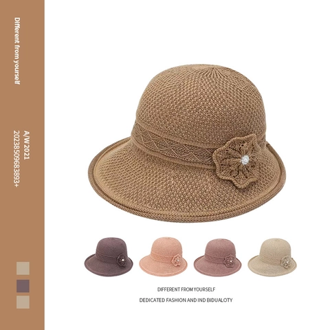 Sombrero de Pescador Tejido de Poliéster de Verano para Mujer Ala Ancha Sombrero para el Sol Elegante Floral Decoración de Perlas Artificiales Sombrero Suave de Protección Solar para Viajes Playa