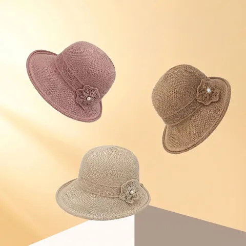 Sombrero de Pescador Tejido de Poliéster de Verano para Mujer Ala Ancha Sombrero para el Sol Elegante Floral Decoración de Perlas Artificiales Sombrero Suave de Protección Solar para Viajes Playa