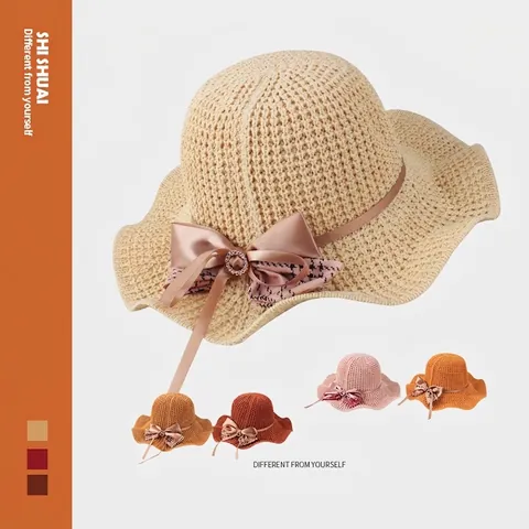 Chapeau de Soleil pour Femme Pliable Tricoté Bord Ondulé avec Nœud en Strass Décoratif Chapeau de Plage d'Été
