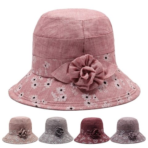 Women Polyester Floral Print Bucket Hat With Large Flower Decor Sunshade UV Protection Foldable Summer Basin Hat For Mothers