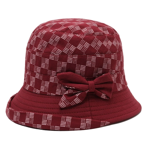 Women Bucket Hat Polyester Grid Pattern Bow Decor Sun Protection Foldable Casual Fisherman Hat For Elderly Lady Accessory
