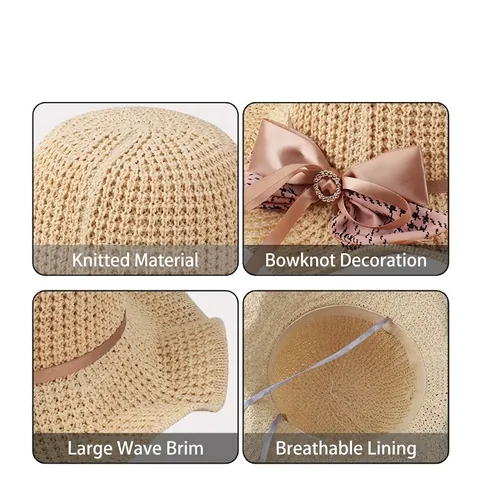 Chapeau de Soleil pour Femme Pliable Tricoté Bord Ondulé avec Nœud en Strass Décoratif Chapeau de Plage d'Été